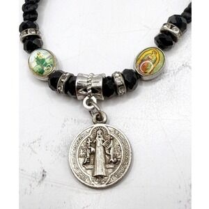 Rosary Bracelet Black Cord Two‎ Sided Medallion Adjustable Saint Benedict